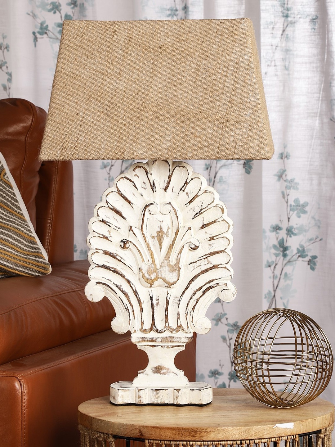 The Decor Mart Distressed Flora Wooden Table Lamp With Jute Shade, White