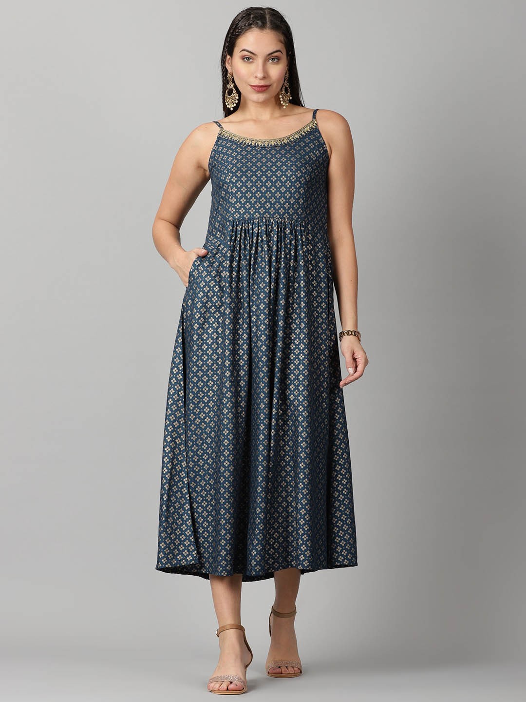 

Saffron Threads Women Teal Rayon Ethnic Motifs Gold Printed Strappy Midi Dress