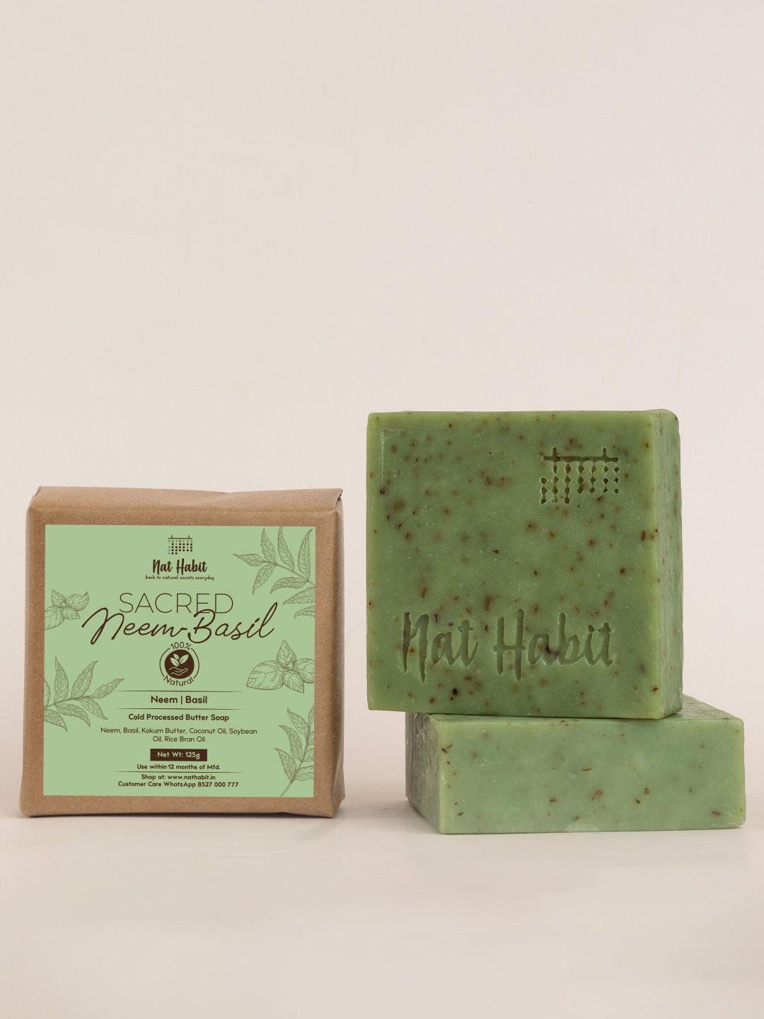 

Nat Habit 2Pcs Cold Processed Sacred Neem-Basil Butter Soap for Scar Reduction - 125g each, Green