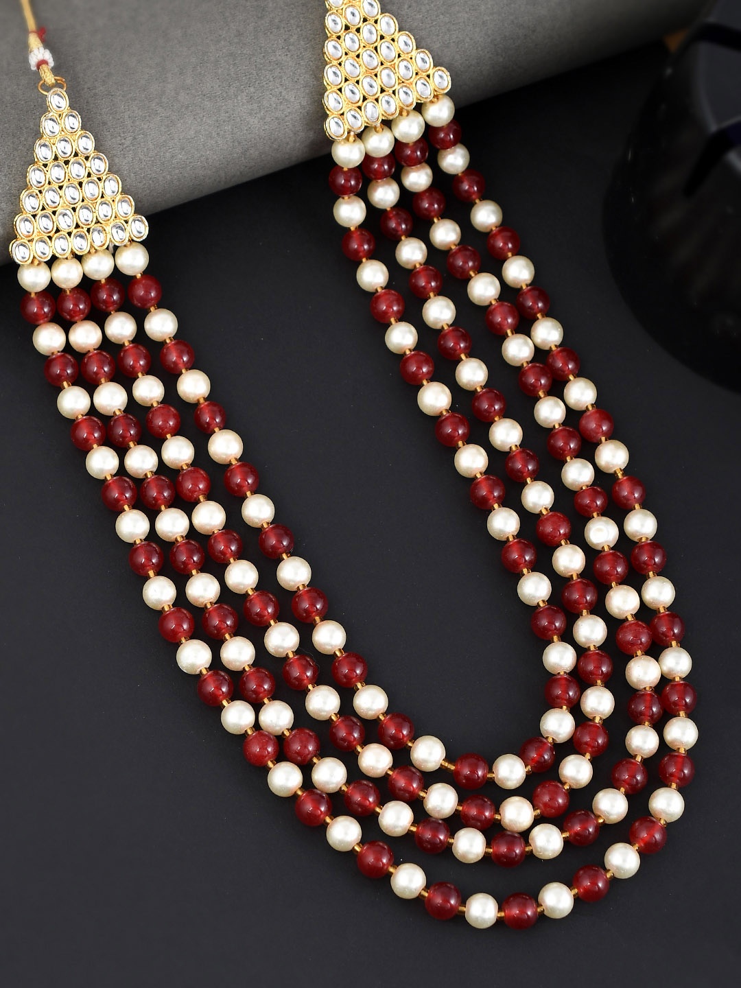 

Sanjog Men Layered Glass Pearl Dulha Moti Mala Haar Groom Necklace, Red