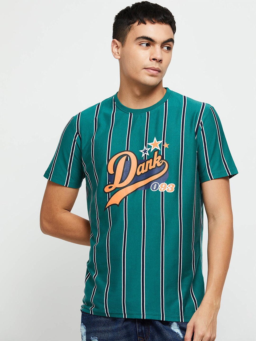 

max Men Printed Short Sleeves Striped T-shirt, Green