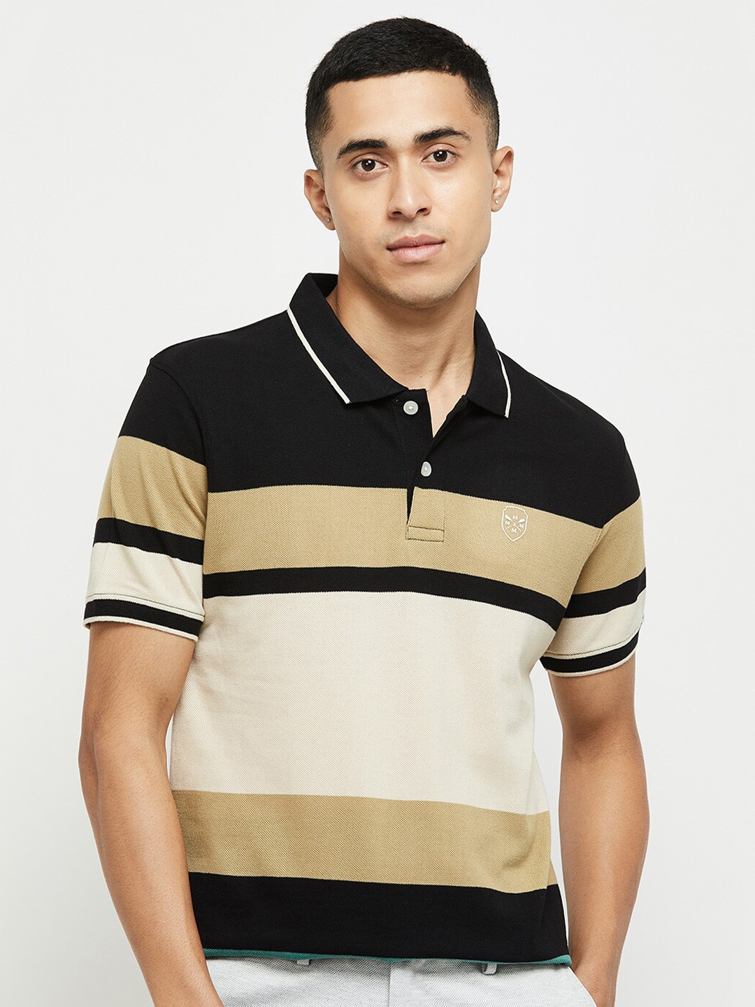 

max Men Striped Polo Collar T-shirt, Black