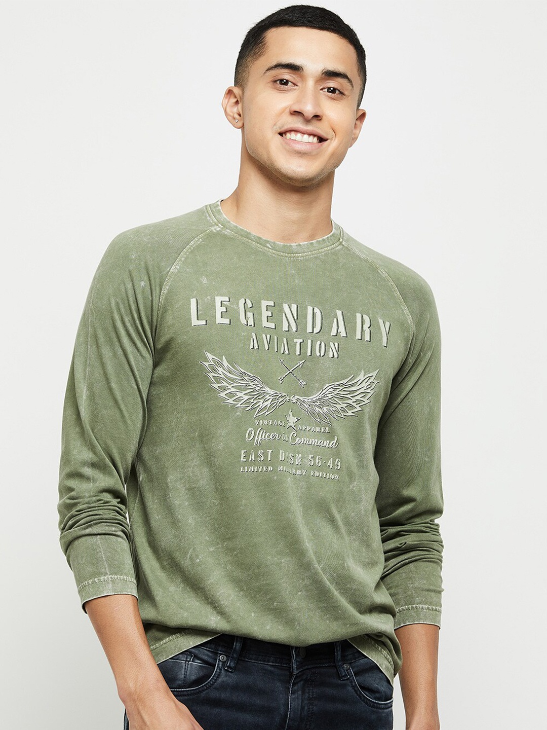 

max Men Typography Printed Pure Cotton T-shirt, Green