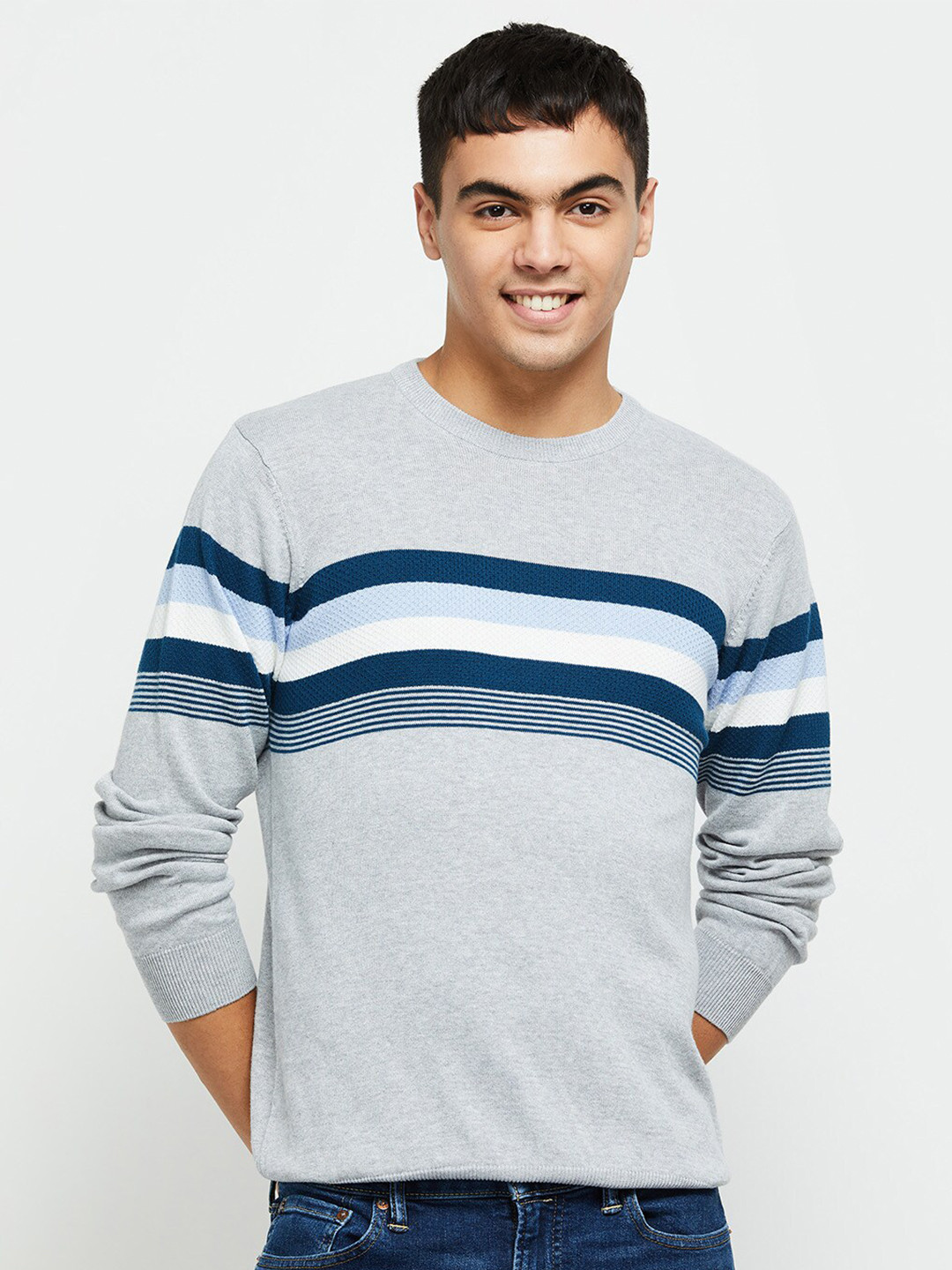 

max Men Striped Regular Fit Cotton T-shirt, Grey melange
