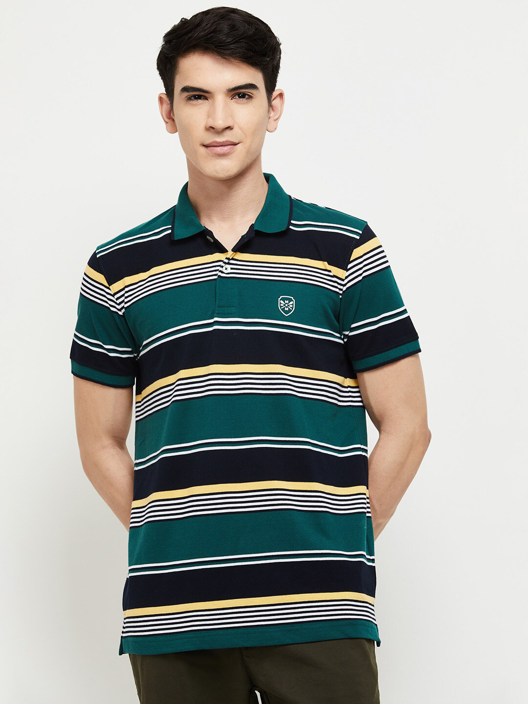

max Men Printed Short Sleeves Striped Polo Collar T-shirt, Green