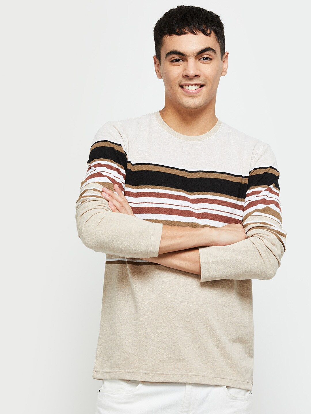 

max Men Striped Regular Fit Cotton T-shirt, Beige