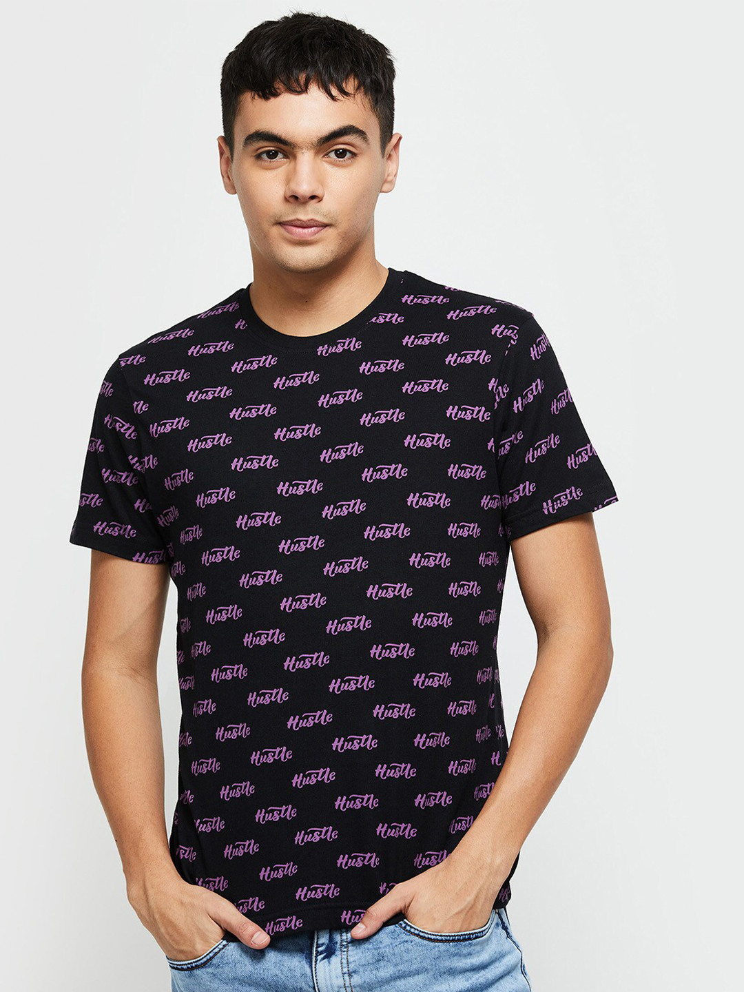 

max Men Printed Pure Cotton T-shirt, Black