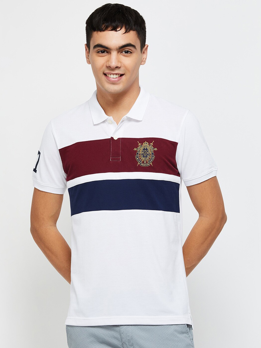 

max Men Striped Polo Collar T-shirt, White