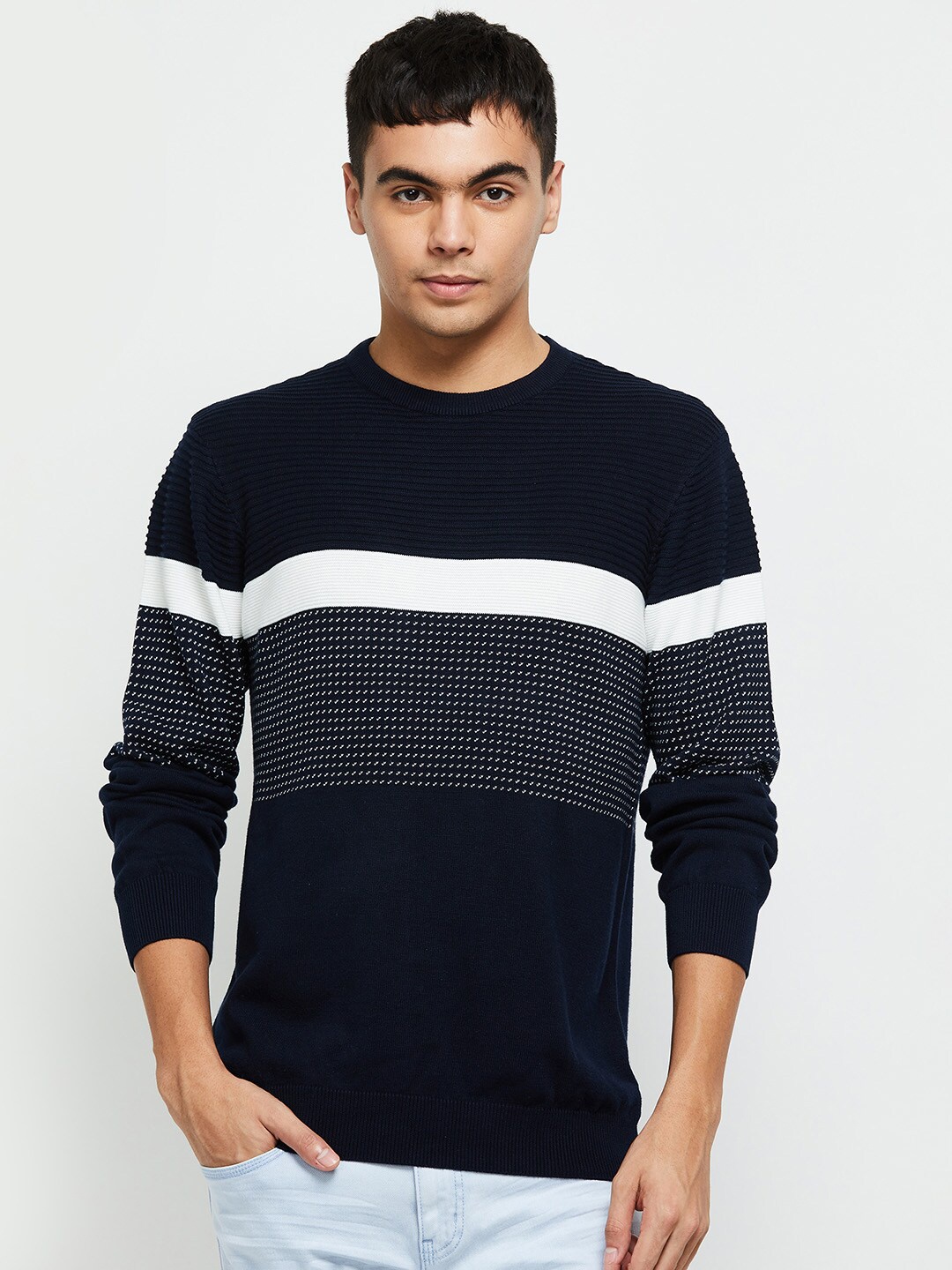 

max Men Colourblocked Pure Cotton T-shirt, Navy blue