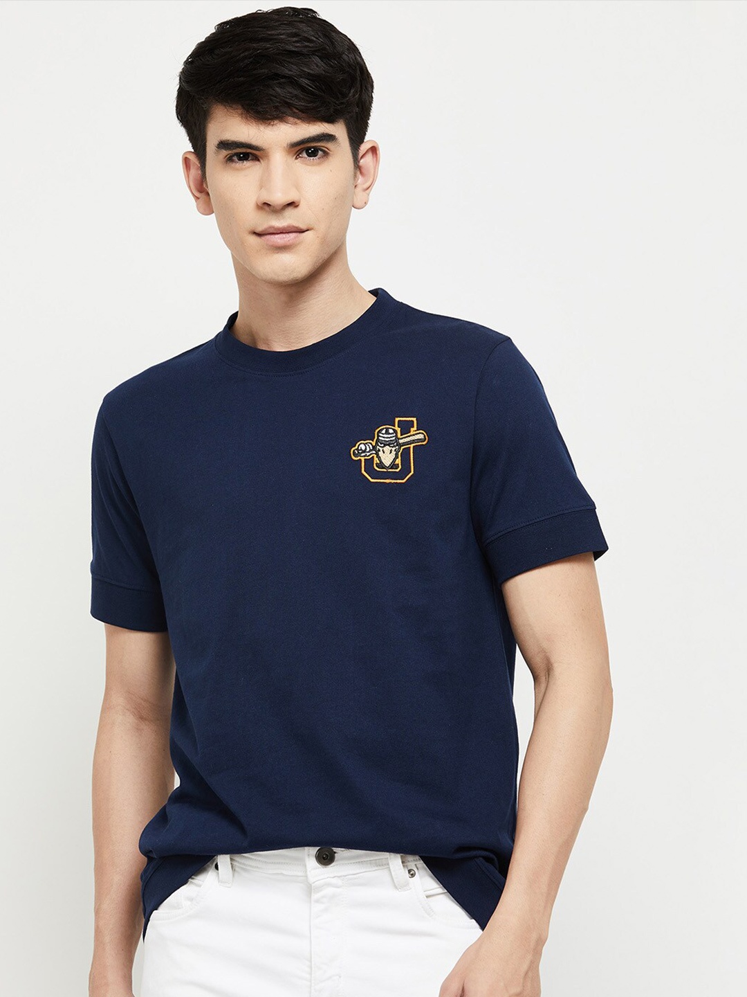 

max Men Round Neck Short Sleeves Pure Cotton T-shirt, Blue
