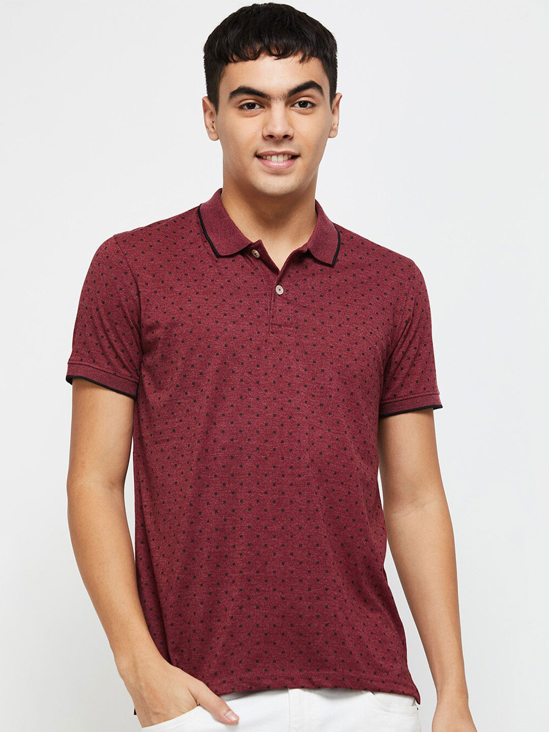

max Men Printed Polo Collar Cotton T-shirt, Maroon