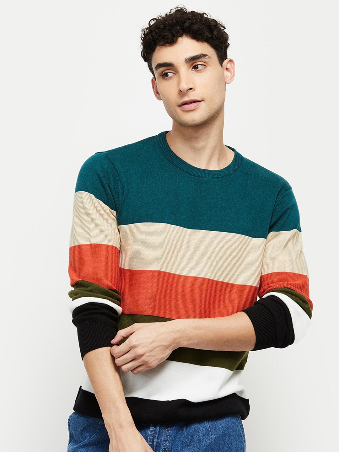 

max Men Striped Regular Fit Pure Cotton T-shirt, Multi