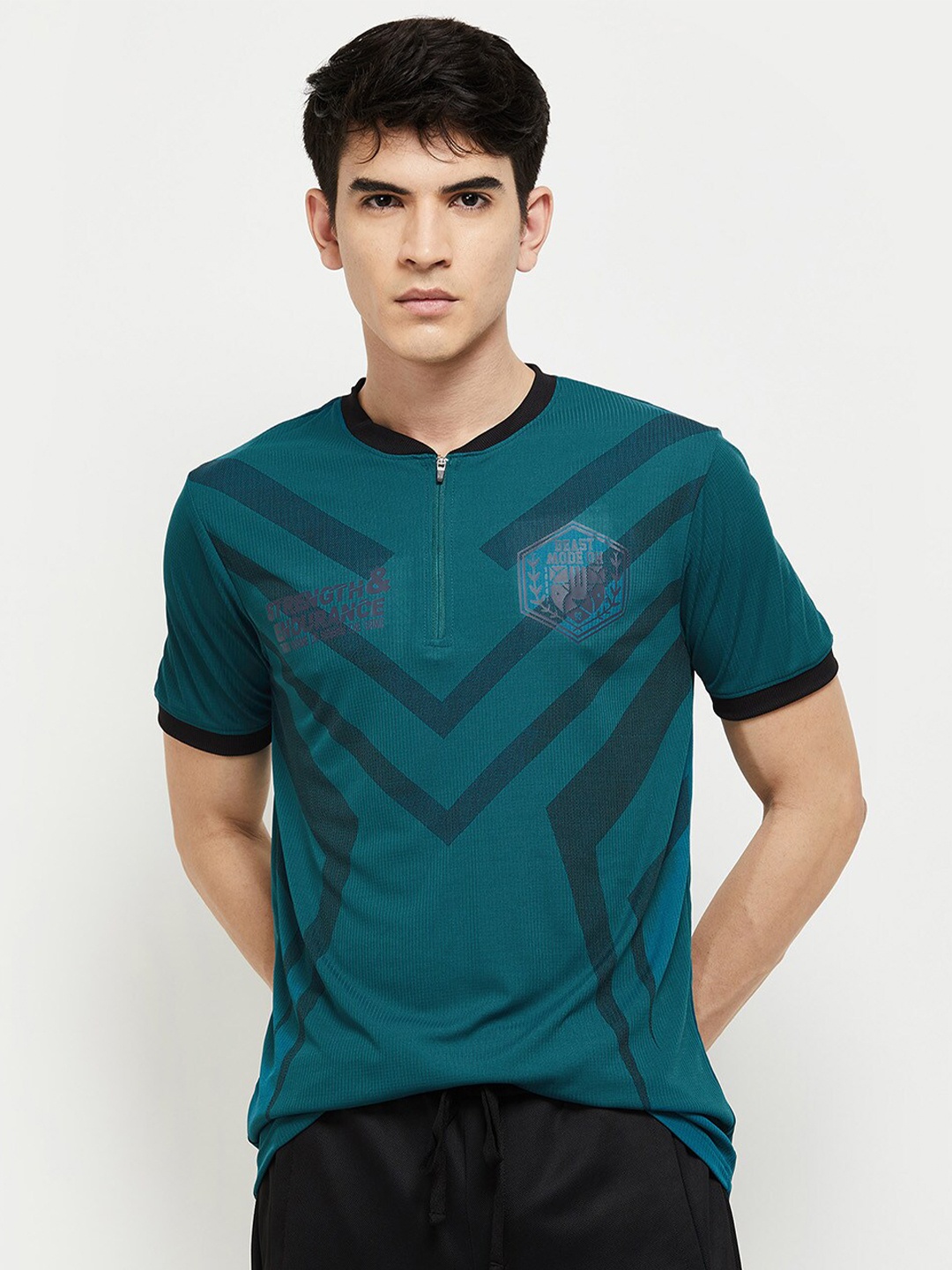 

max Men Typography Printed Mandarin Collar T-shirt, Teal