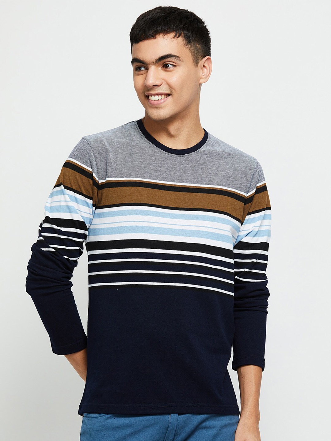 

max Men Striped Cotton T-shirt, Blue