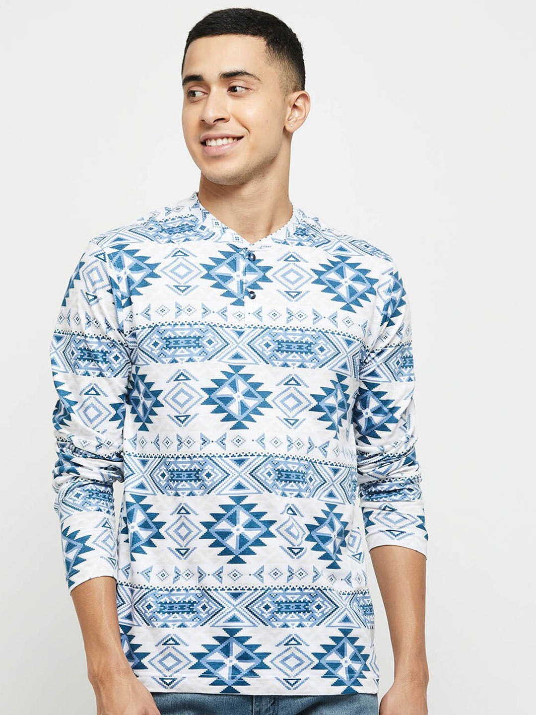 

max Men Printed Henley Neck T-shirt, Blue