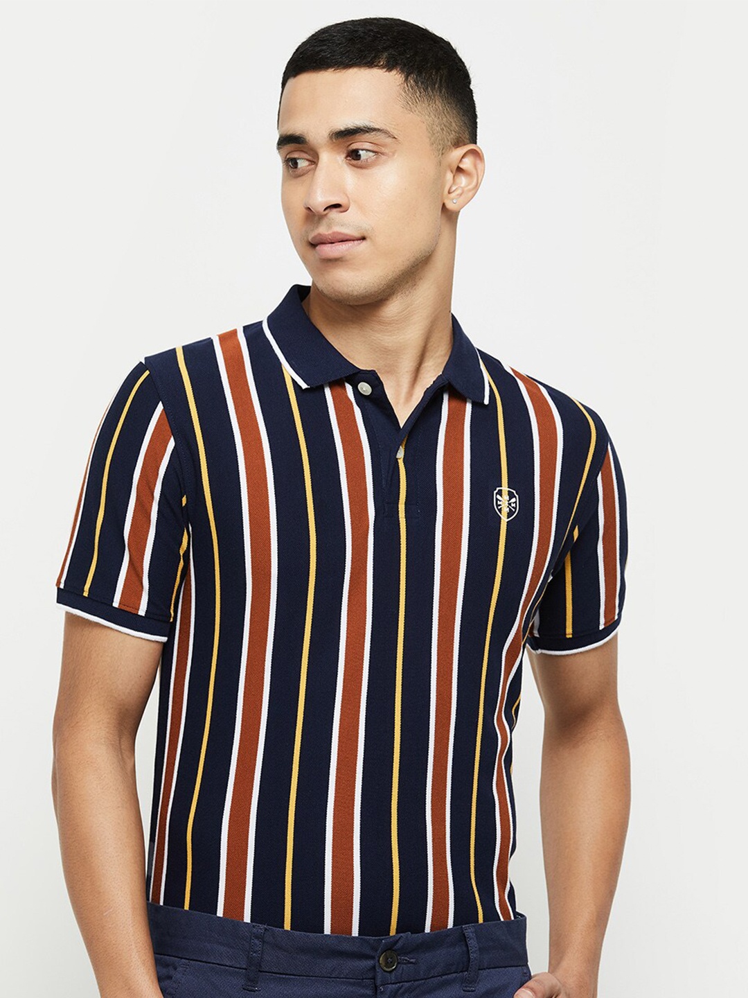 

max Men Striped Polo Collar T-shirt, Navy blue