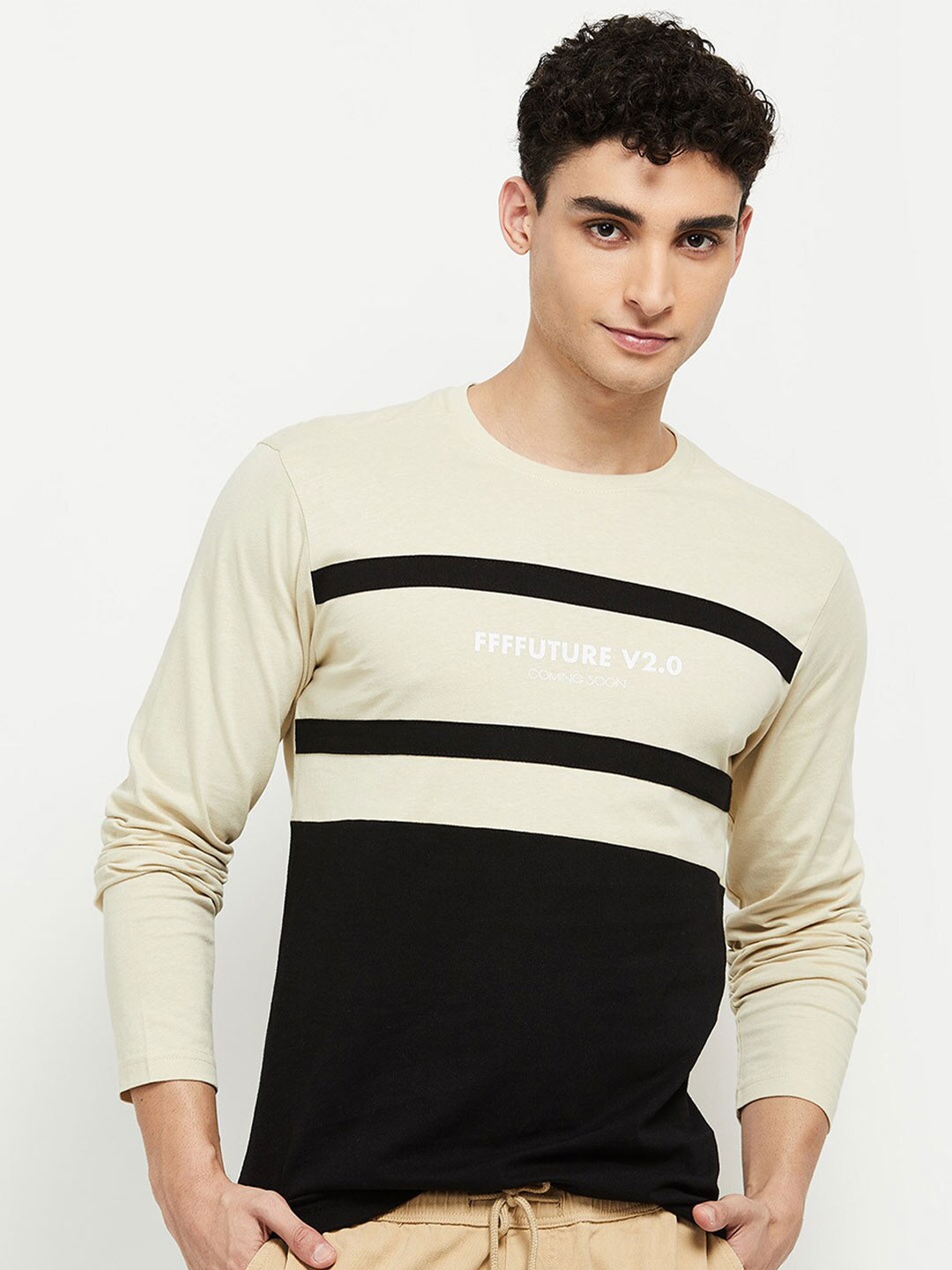 

max Men Pure Cotton Long Sleeves Colourblocked T-shirt, Beige