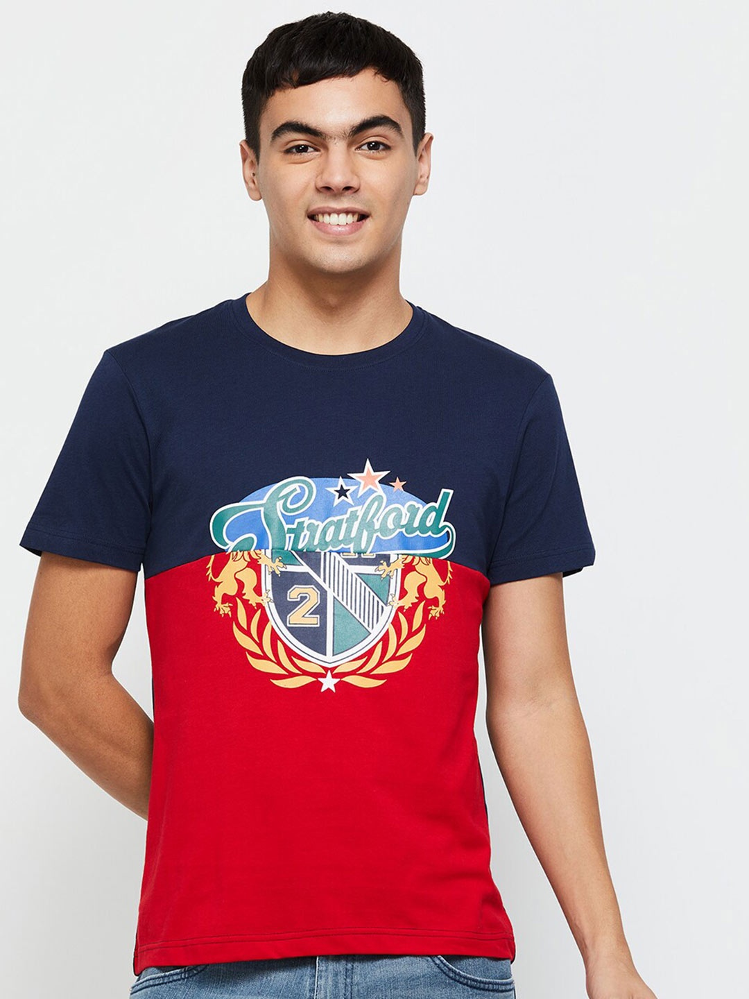 

max Men Printed Pure Cotton T-shirt, Navy blue