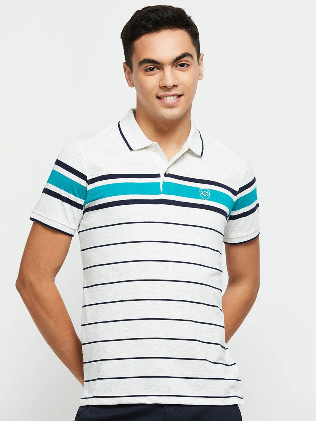 

max Men Striped Polo Collar Cotton T-shirt, Grey