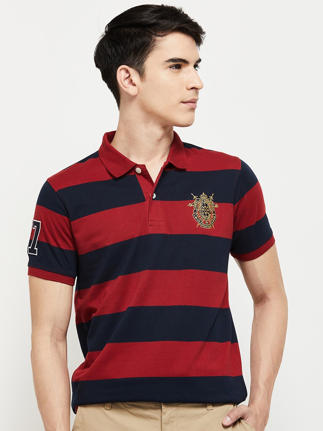

max Men Striped Polo Collar T-shirt, Red