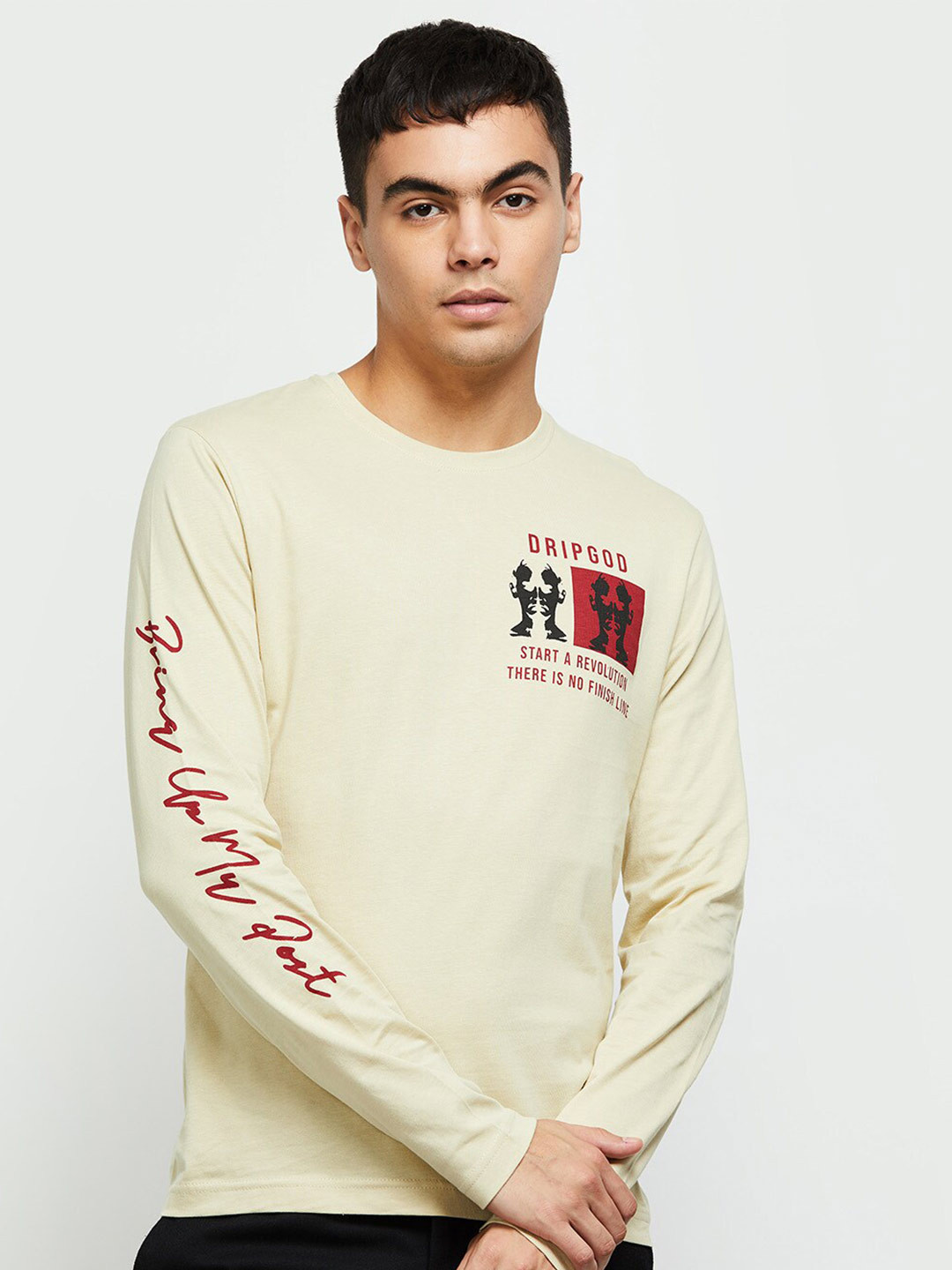 

max Men Printed Regular Fit Pure Cotton T-shirt, Beige
