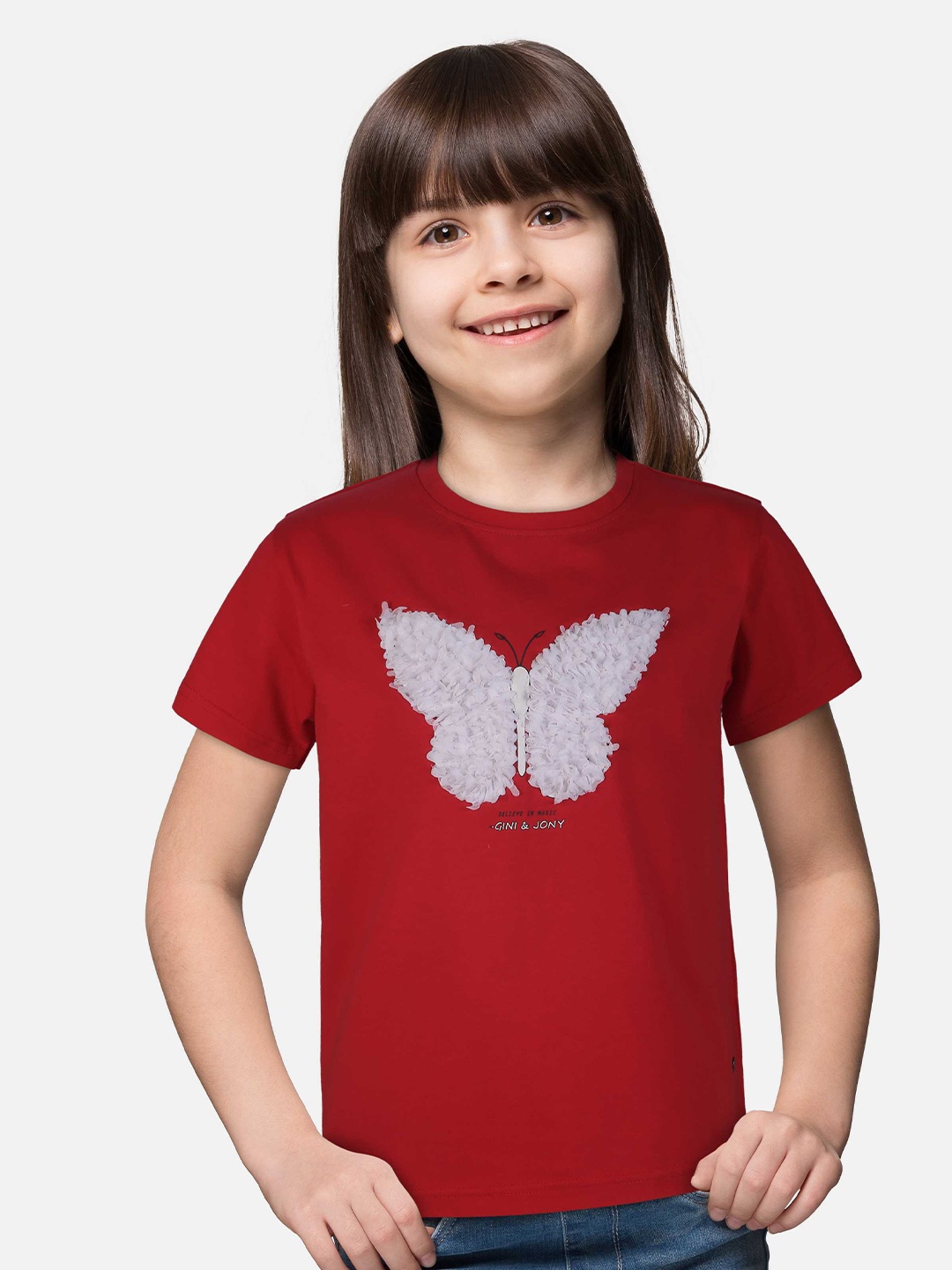 

Gini and Jony Girls Printed Pure Cotton Applique T-shirt, Maroon