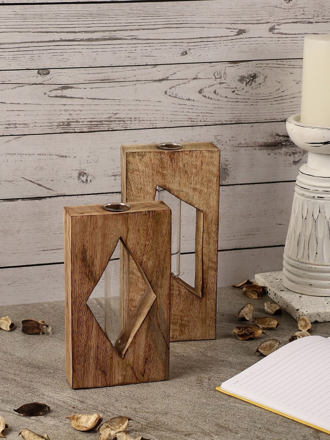 

The Decor Mart Set Of 2 Minimal Testube Wooden Planter, Camel brown