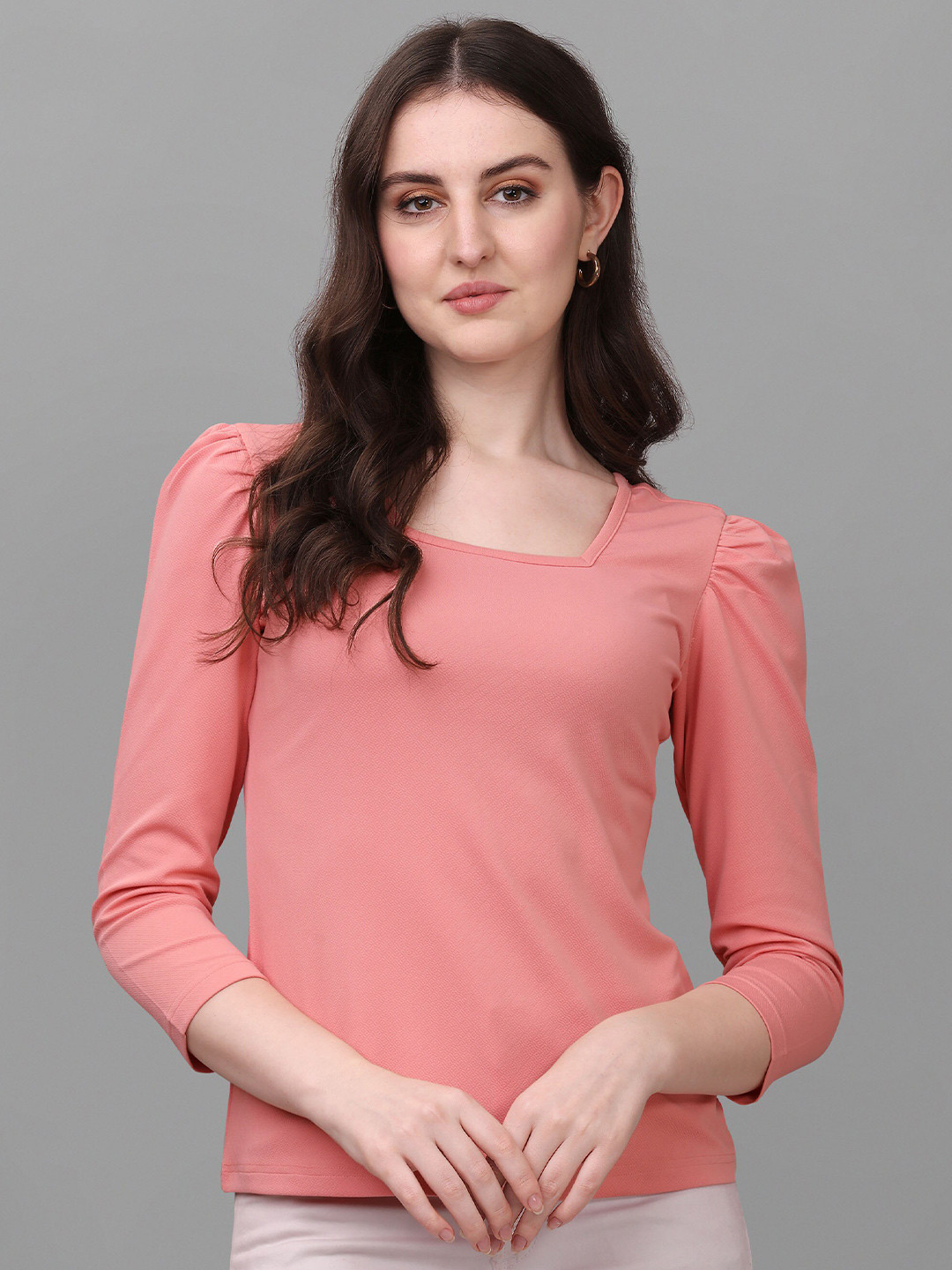 

VeBNoR Women Squared-Neck Long Sleeeves Top, Pink