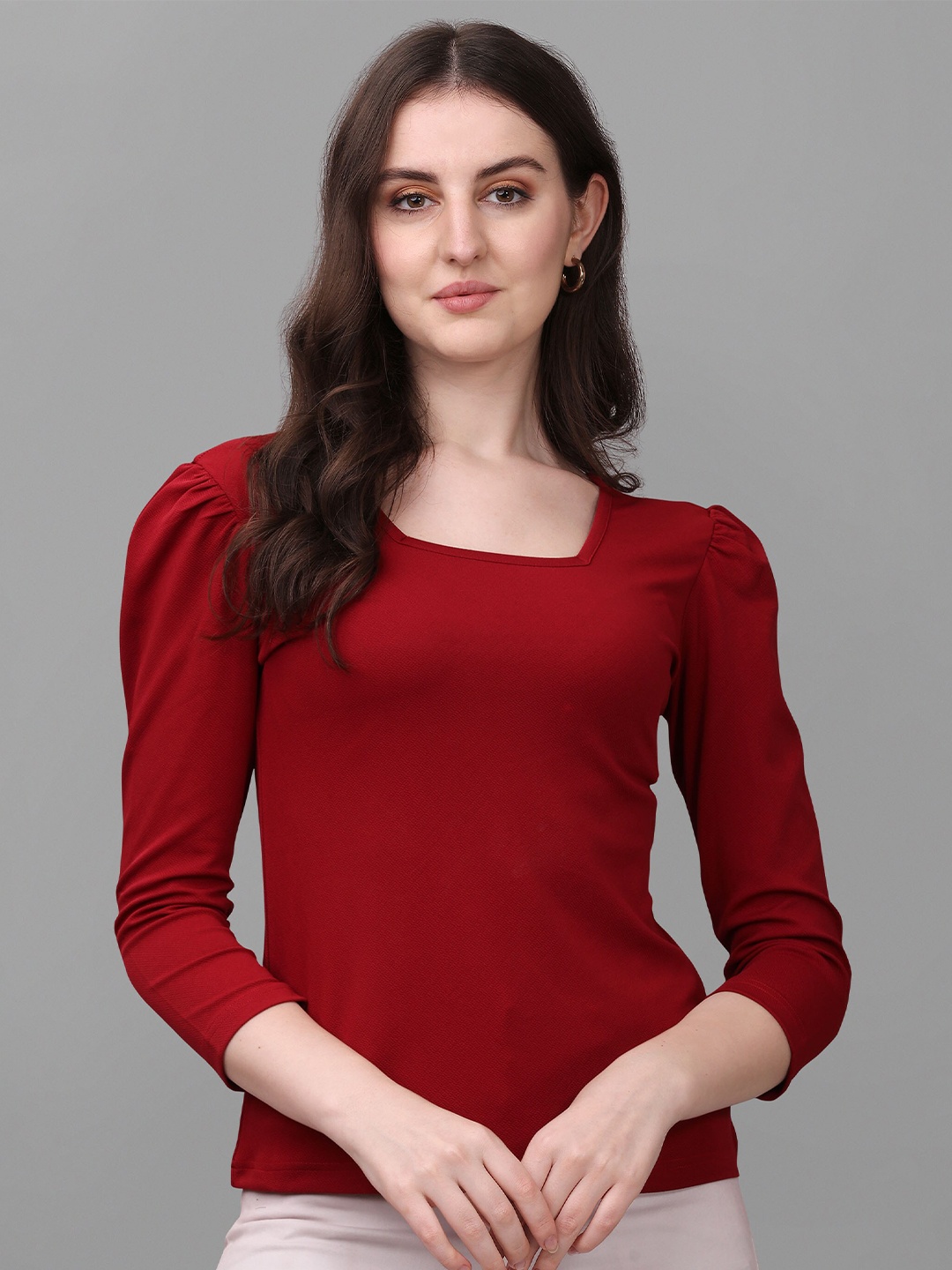 

VeBNoR Self Design Puff Sleeves Top, Maroon