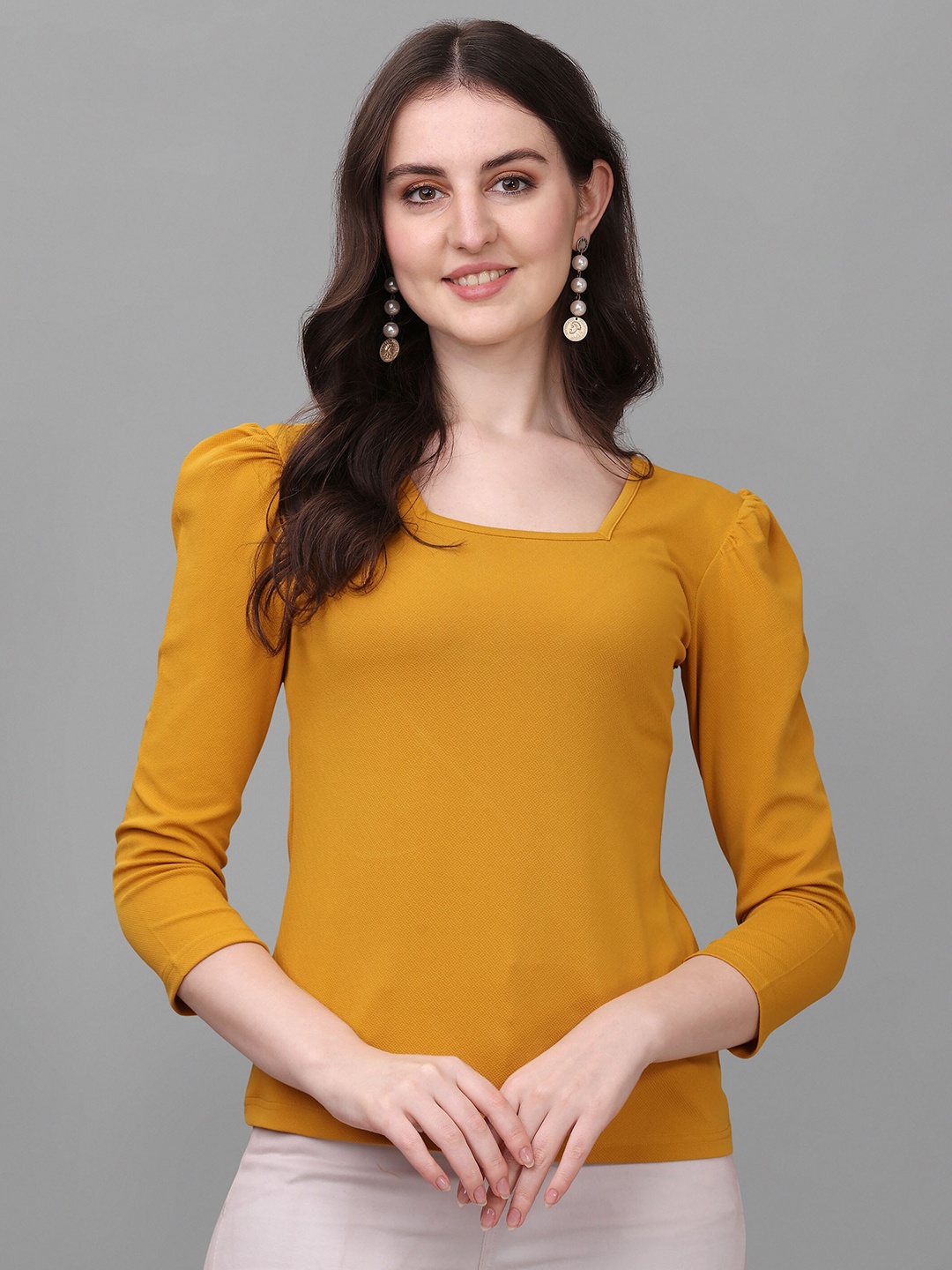 

VeBNoR Self Design Puff Sleeves Top, Mustard