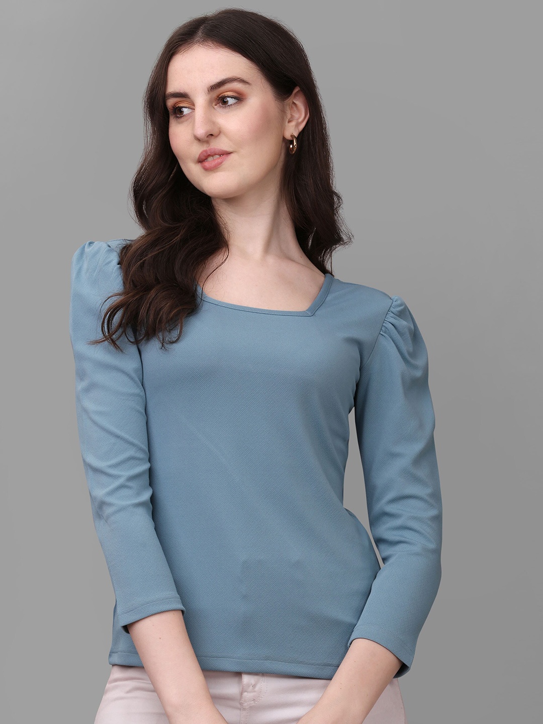 

VeBNoR Self Design Puff Sleeves Top, Blue