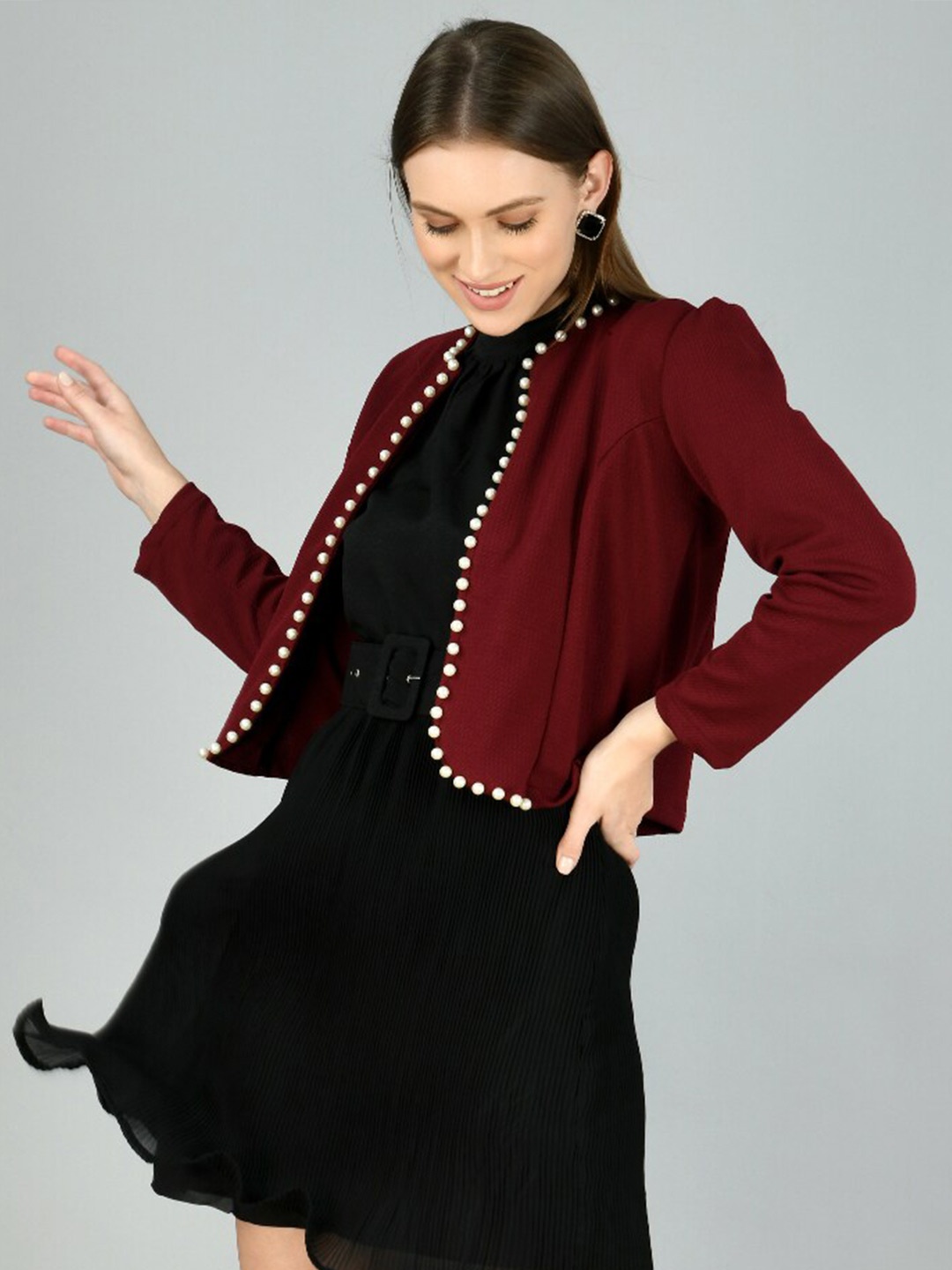 

IUGA Women Maroon & White Embellished Shrug