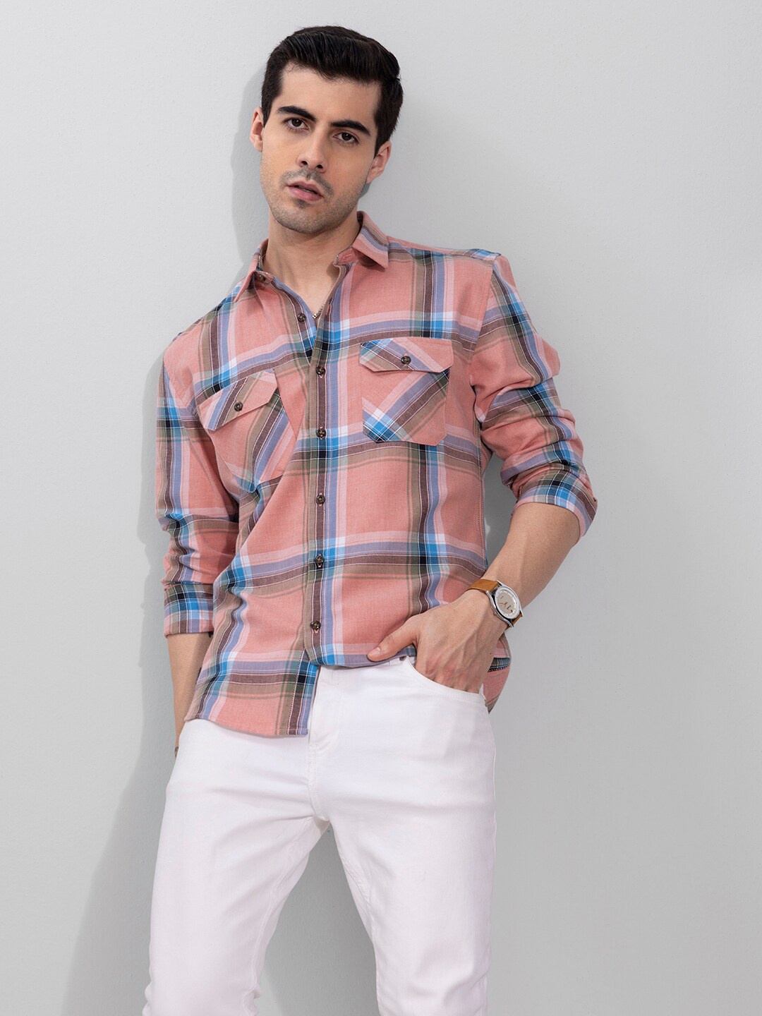 

Snitch Men Slim Fit Tartan Checked Casual Cotton Shirt, Peach