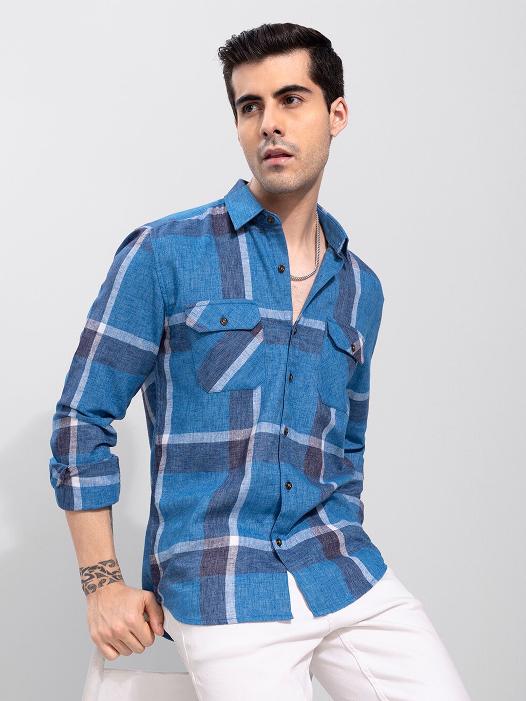 

Snitch Men Slim Fit Checked Casual Shirt, Blue