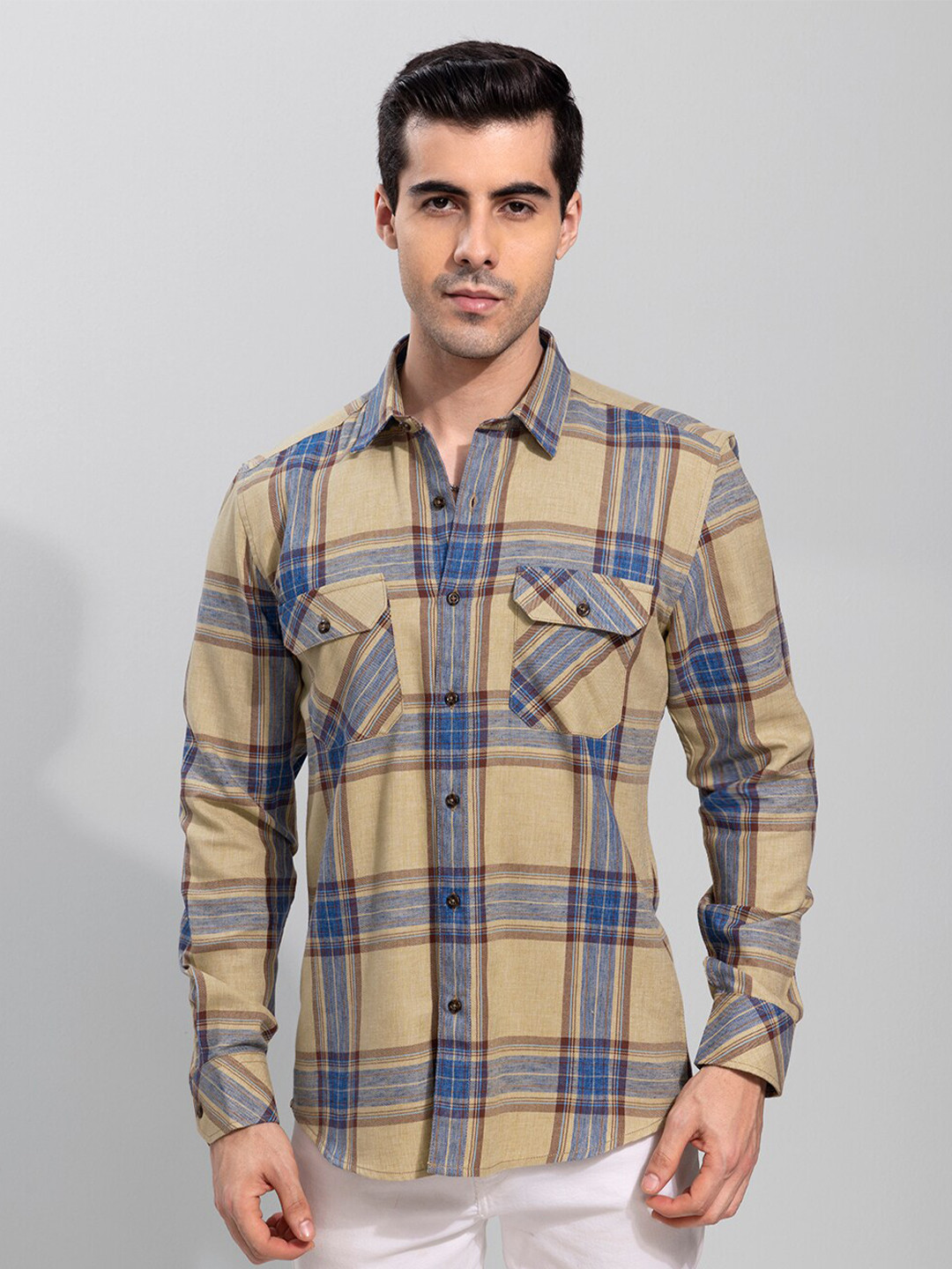 

Snitch Men Slim Fit Tartan Checked Casual Shirt, Beige