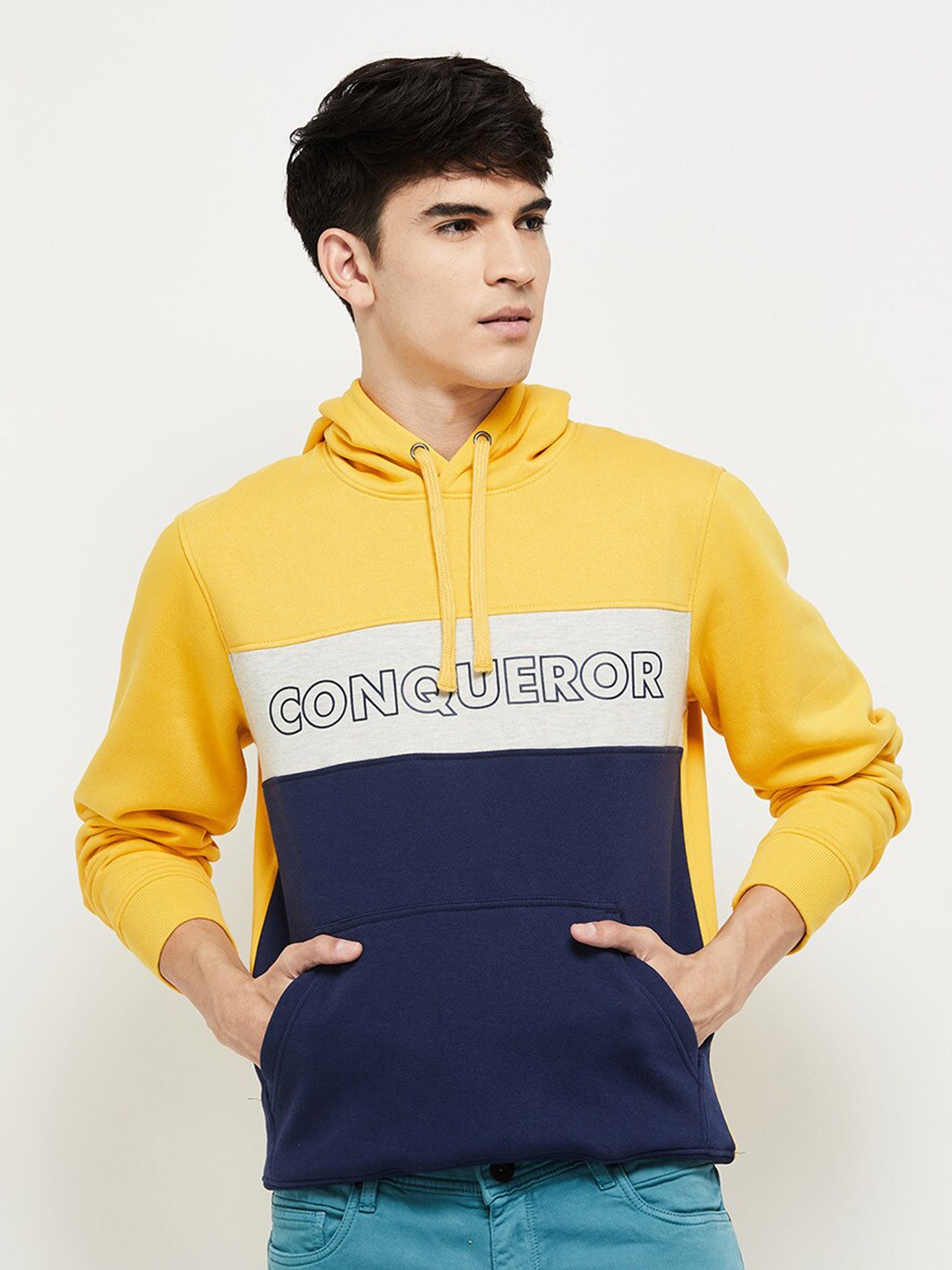 

max Men Colourblocked Hooded Sweatshirt, Yellow