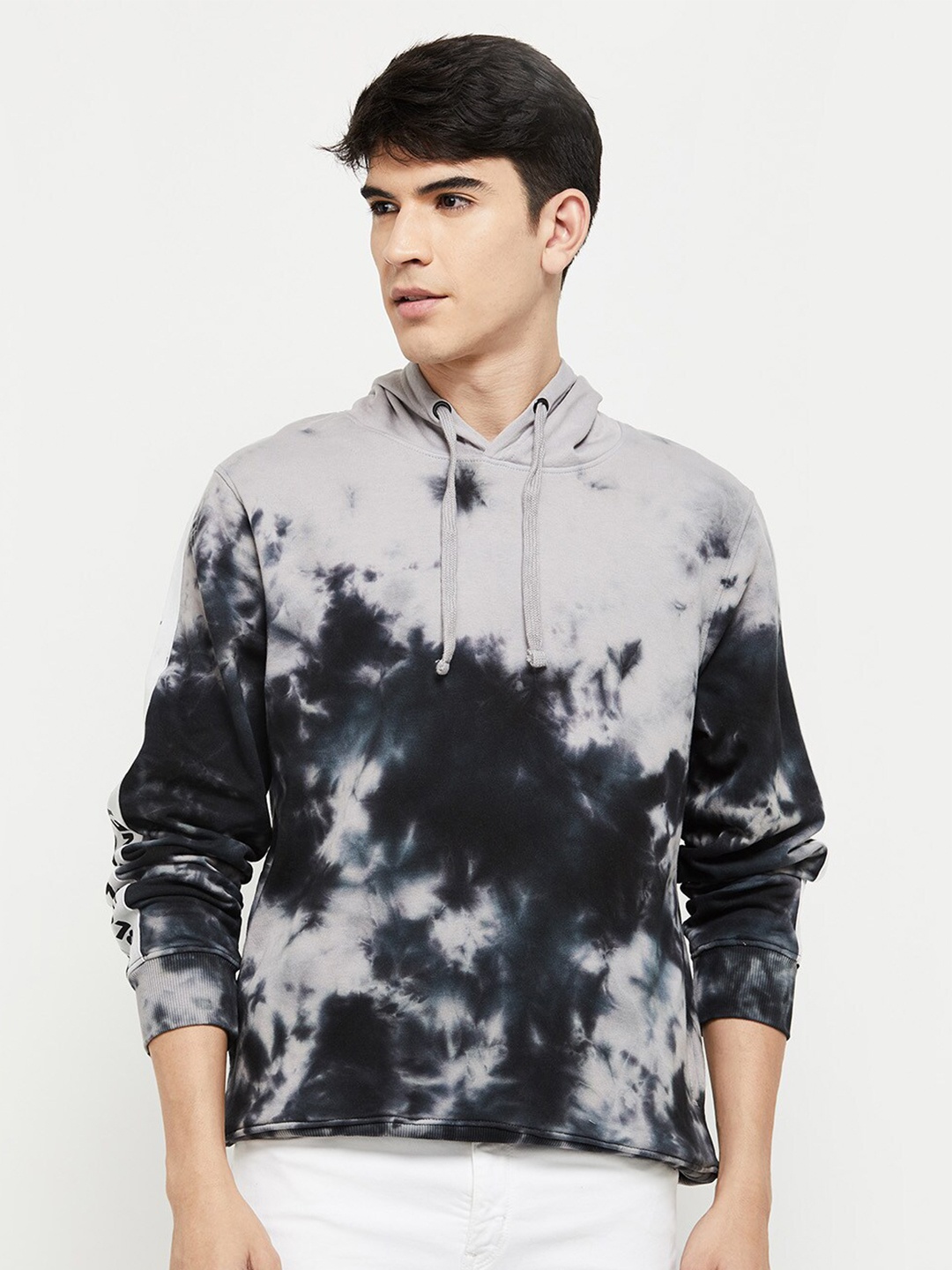 

max Men Printed Cotton Hooded Sweatshirt, Grey