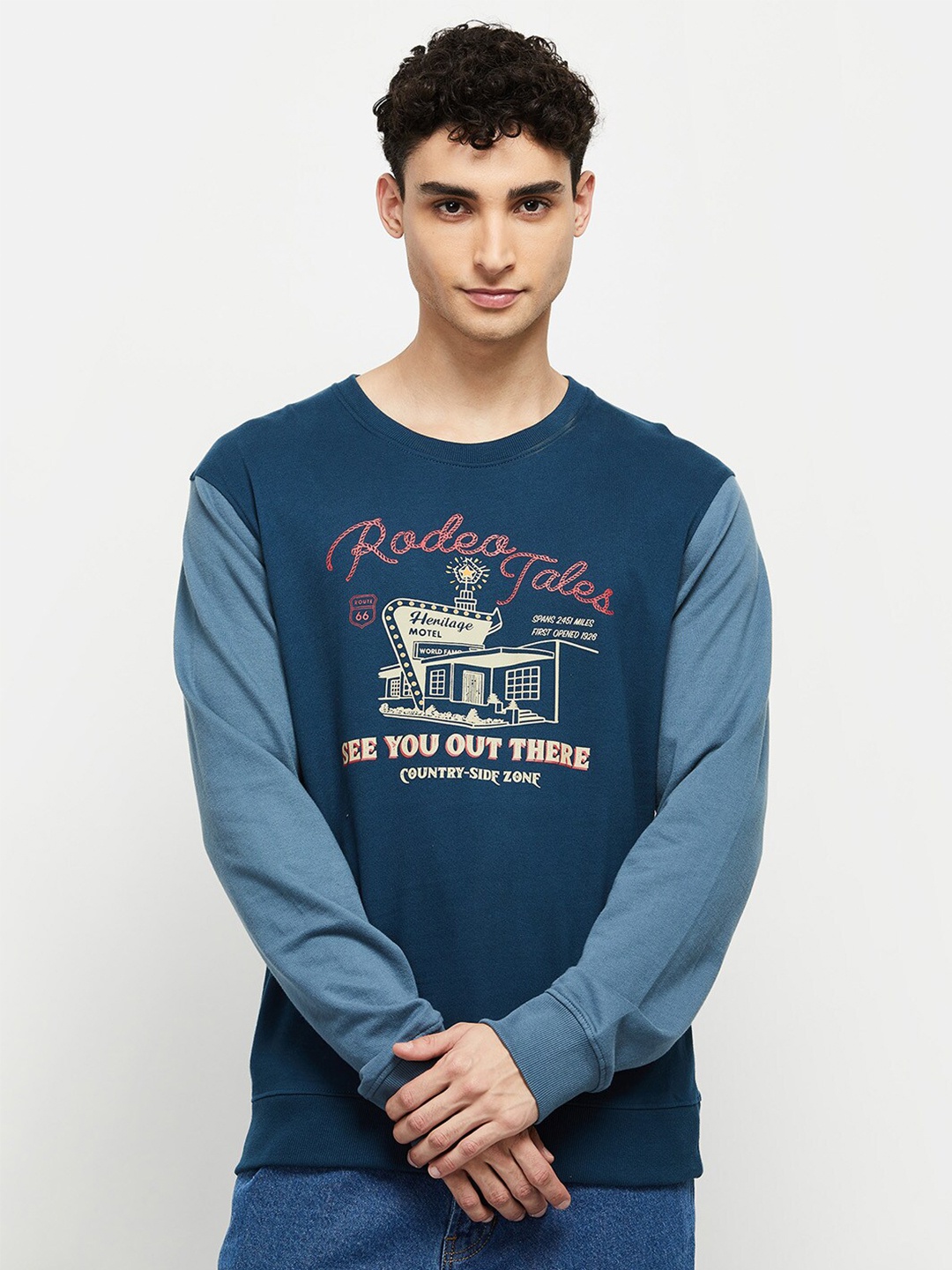 

max Men Pull Over Printed Typography Pure Cotton Sweatshirt, Blue