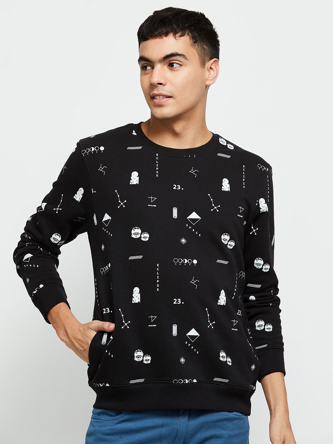 

max Men Printed Graphic Pull Over Sweatshirt, Black