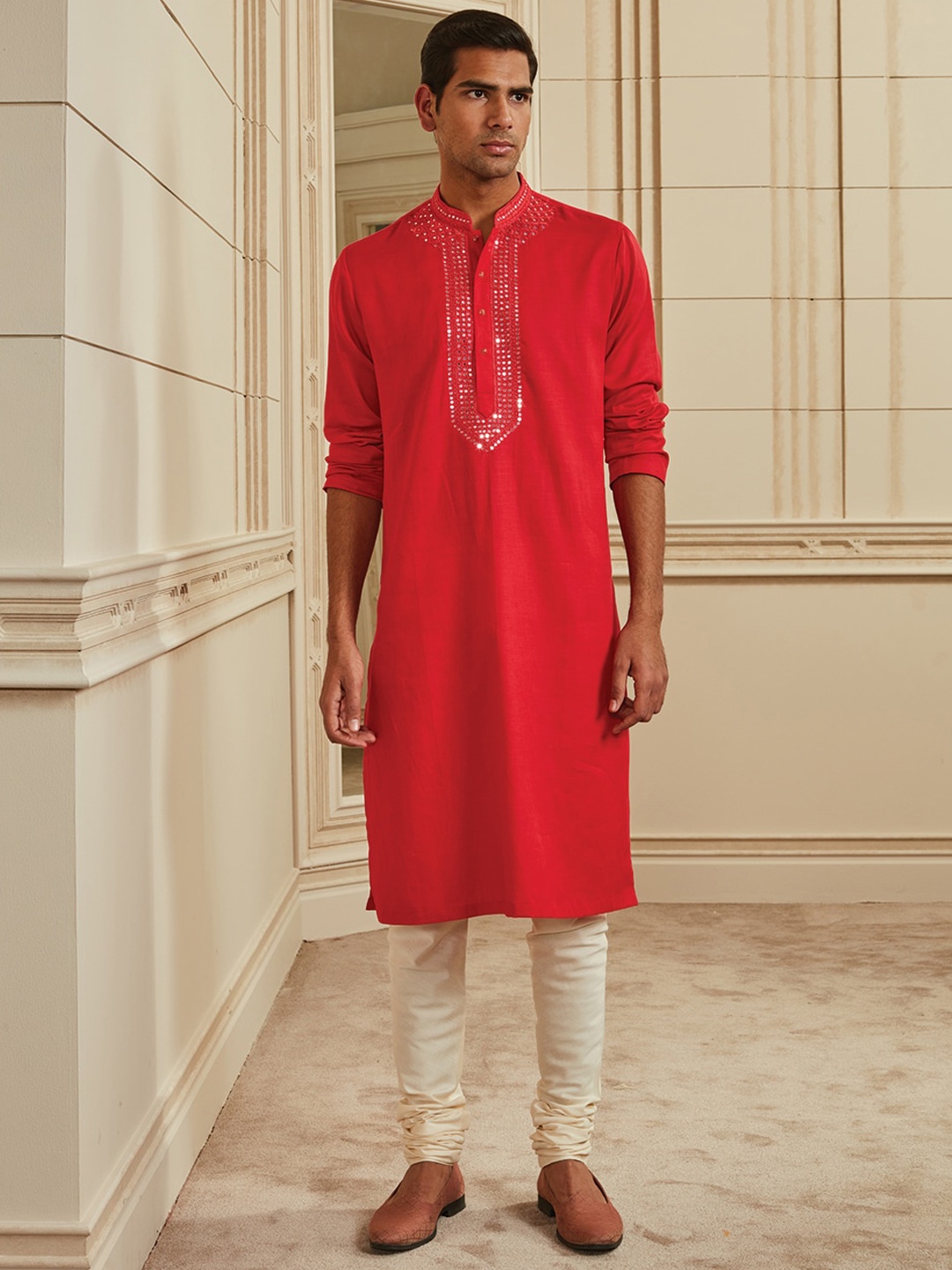 

Tasva Men Red Mirror Work Kurta with Churidar