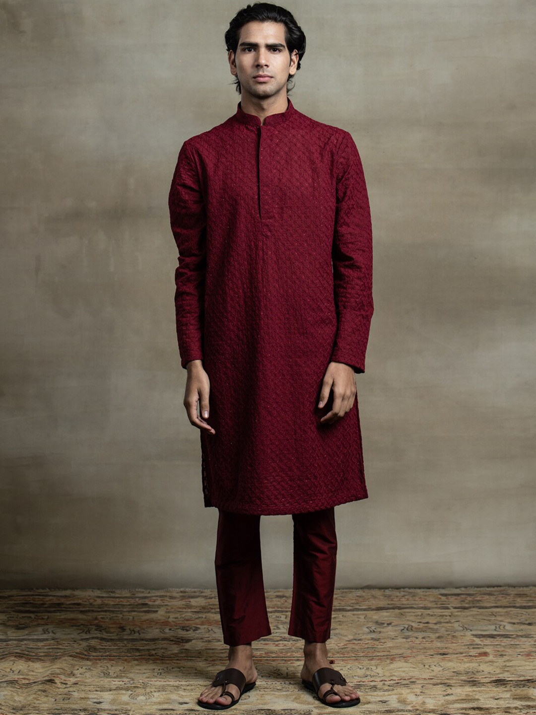 

Tasva Men Maroon Embroidered Kurta with Churidar