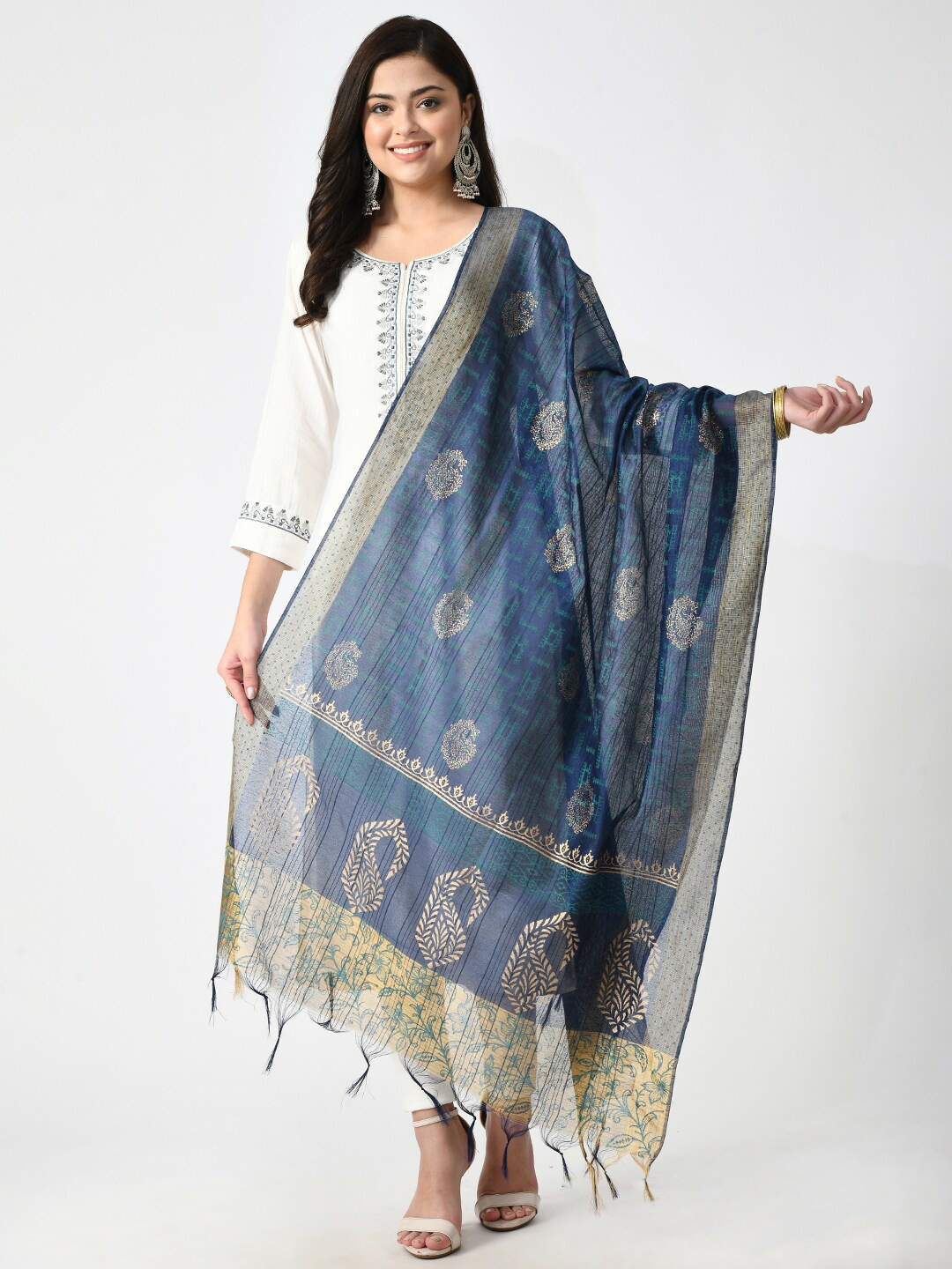 

Akshatani Paisley Block Printed Organza Dupatta, Blue