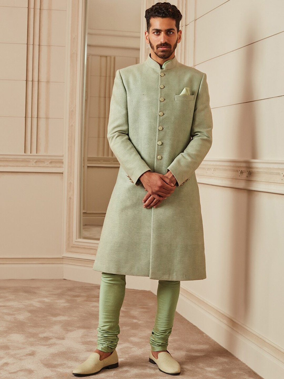 

Tasva Men Woven Design Cotton Sherwani, Green