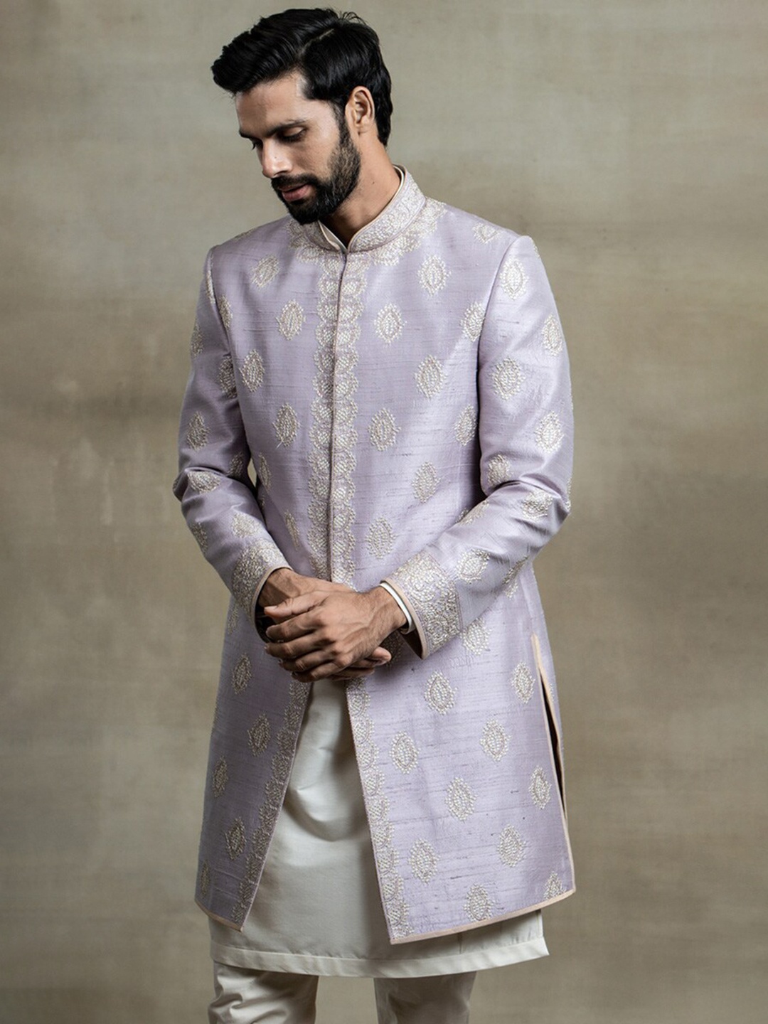 

Tasva Men Cotton Satin Shirt Achkan In Silk With Aari And Zardozi Embroidery Sherwani Set, Purple