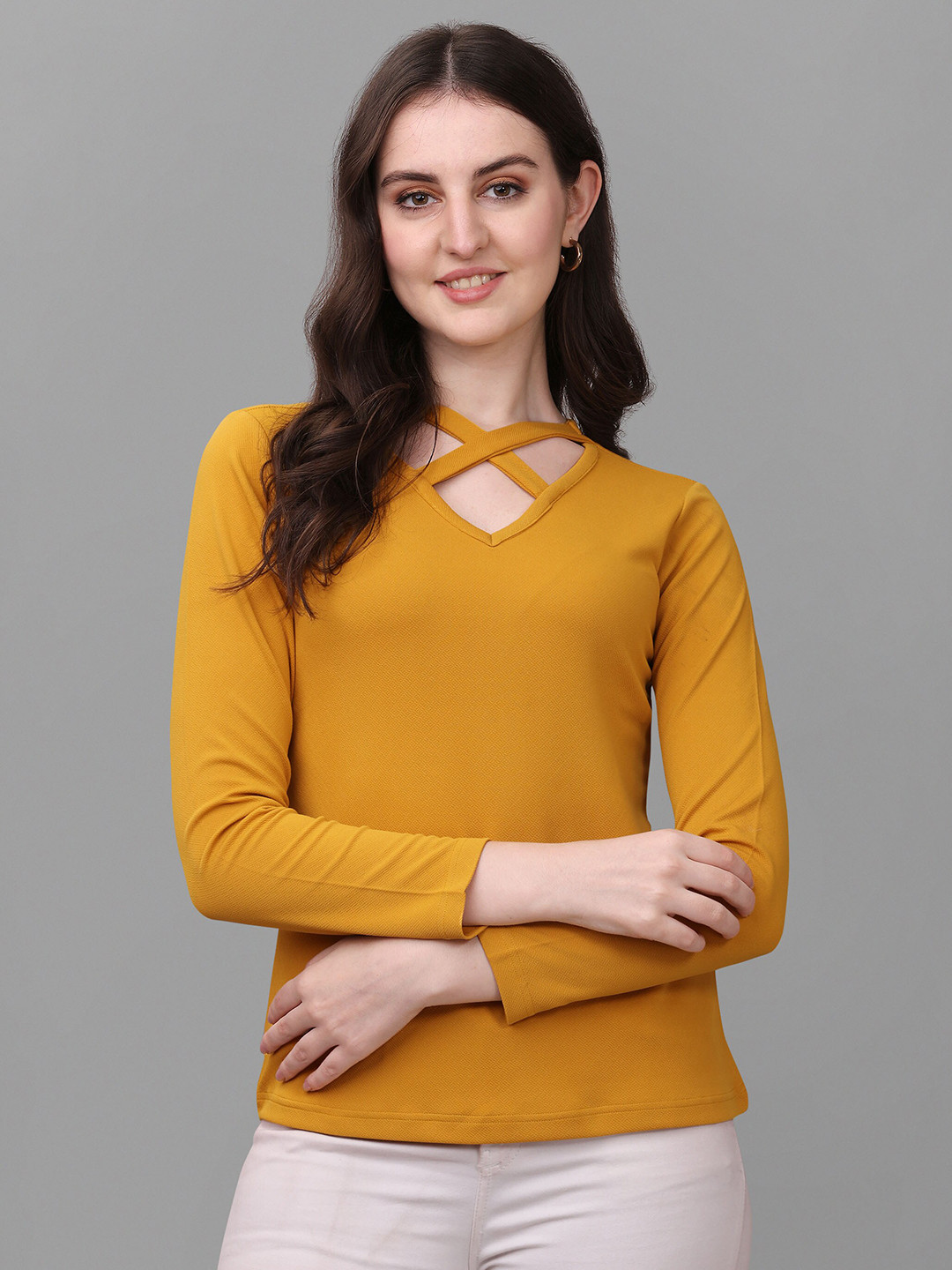 

VeBNoR Women Solid Cut Out Top, Mustard