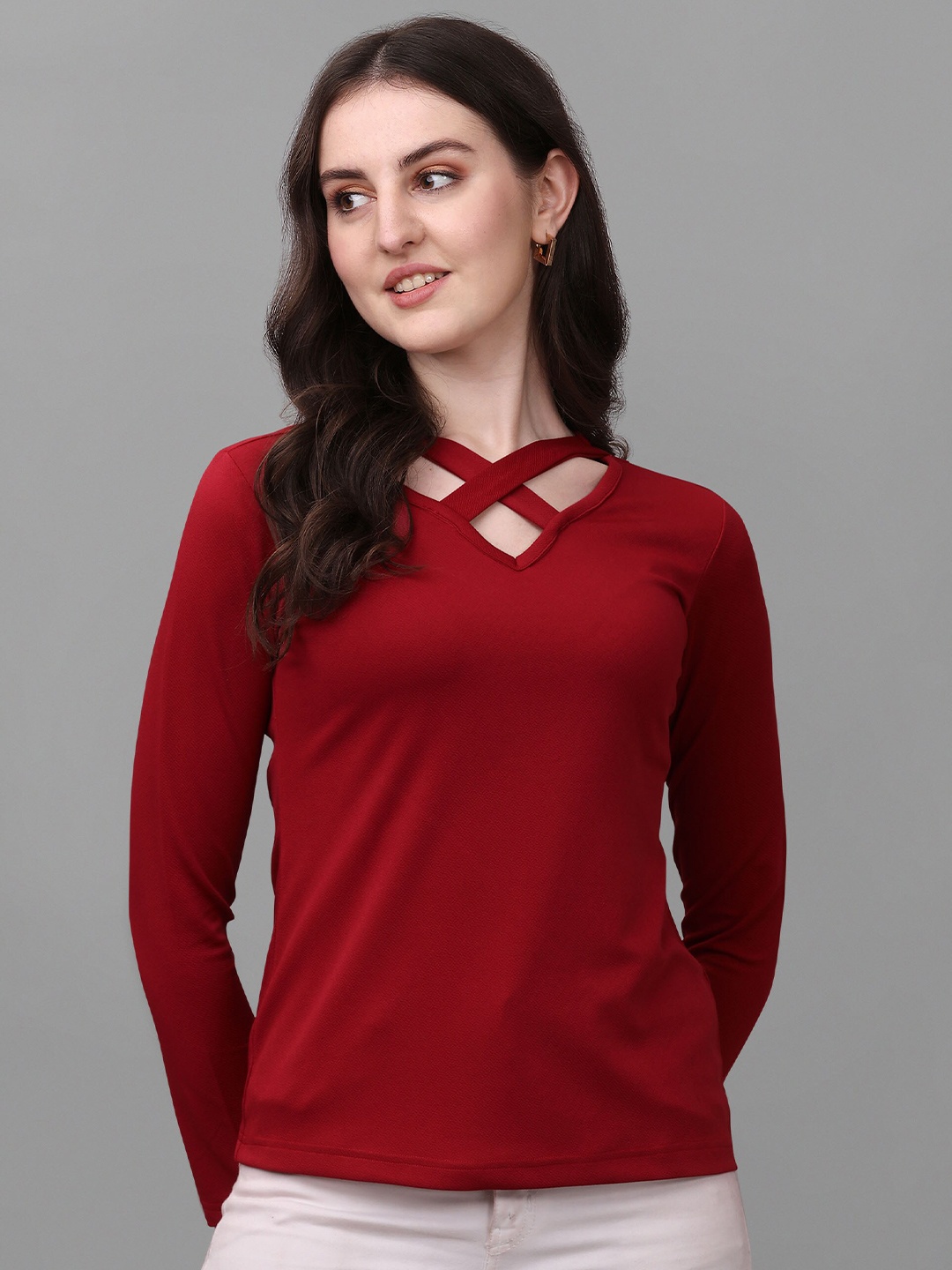 

VeBNoR Women Solid Long Sleeves Top, Maroon