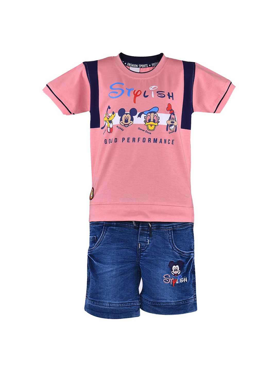 

Wish Karo Boys Printed Cotton Blend T-shirt with Embroidered Shorts, Peach