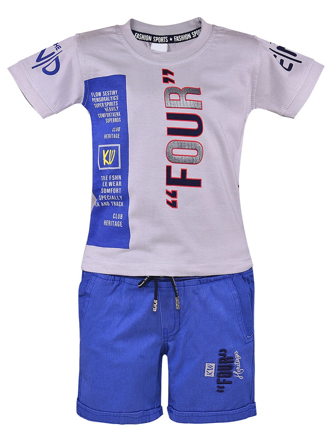 

Wish Karo Boys Printed Cotton Blend T-shirt with Embroidered Shorts, Grey