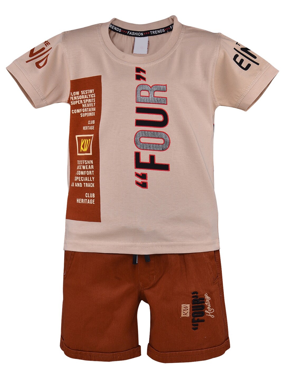 

Wish Karo Boys Printed Cotton Blend T-shirt with Embroidered Shorts, Brown