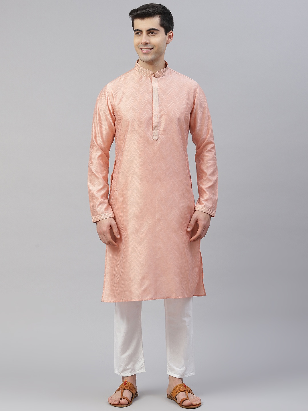 

Readiprint Peach-Coloured & Gold Jacquard Woven Design Straight Kurta Trousers